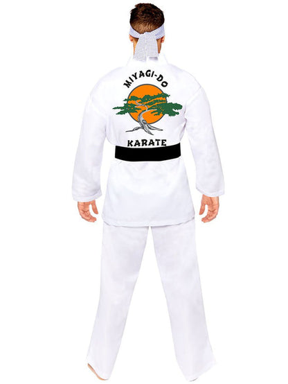 Front and back view of a person wearing the white Miyagi Do karate costume with black belt and printed tree logo on the back.