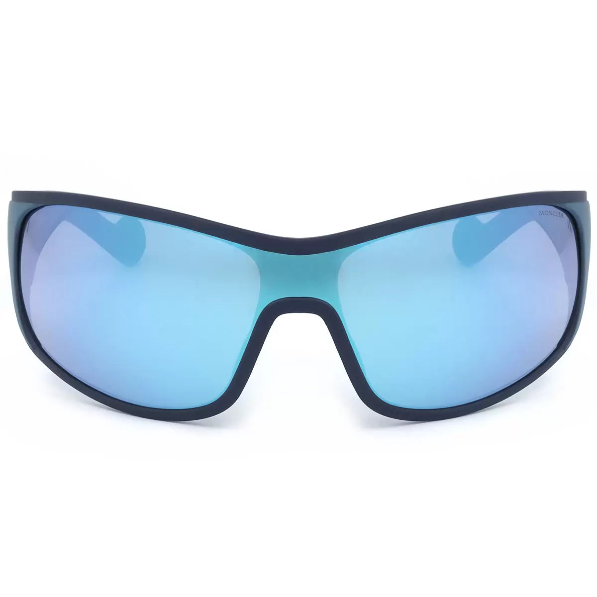 Profile view of the Moncler ML0129 92X sunglasses featuring metallic detailing, resting on a textured granite surface in bright natural light.