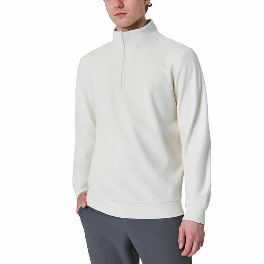 Mondetta men's beige quarter-zip twill fleece top with hidden zipper placket and stand collar displayed flat on a clean neutral background.