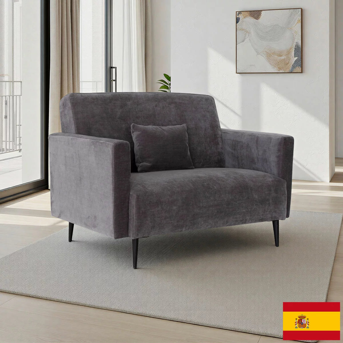 A front-facing studio shot of the MOONAP Monroe Dark Grey Fabric Loveseat with tapered black metal legs and an included dark grey accent pillow, positioned in a bright, modern studio.