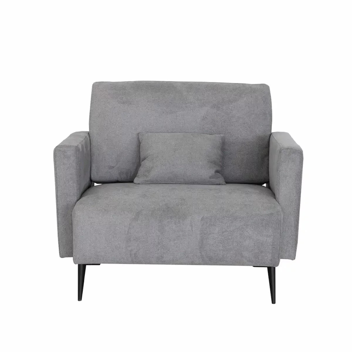 A front-facing studio shot of the MOONAP Monroe Dark Grey Fabric Loveseat with tapered black metal legs and an included dark grey accent pillow, positioned in a bright, modern studio.