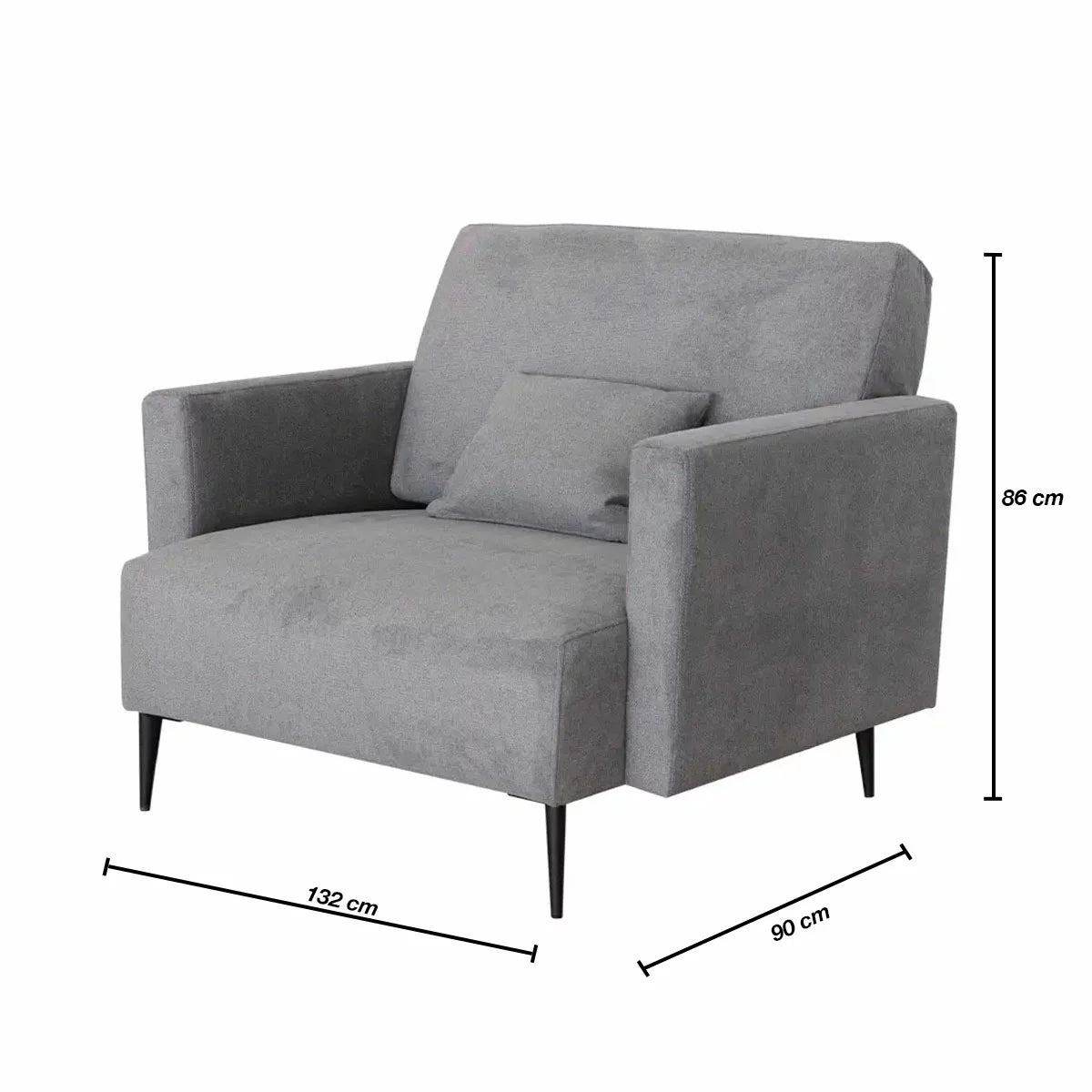 A front-facing studio shot of the MOONAP Monroe Dark Grey Fabric Loveseat with tapered black metal legs and an included dark grey accent pillow, positioned in a bright, modern studio.