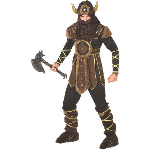 Front view of a male model wearing the Morph Adult Viking costume featuring an armor-printed bodysuit, brown leg ties, arm wraps, and a gold and white horned helmet.