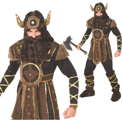 Front view of a male model wearing the Morph Adult Viking costume featuring an armor-printed bodysuit, brown leg ties, arm wraps, and a gold and white horned helmet.