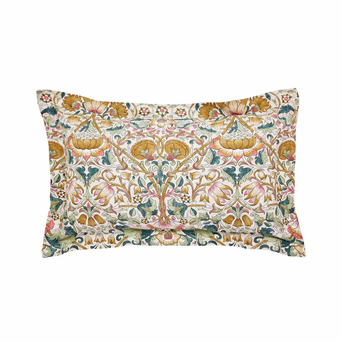 A wide angled shot of the Morris and Co Lodden Primrose duvet cover set outspread on a master bed highlighting the detailed interlocking yellow and beige floral patterns.
