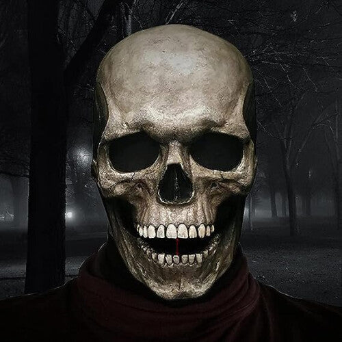 Close-up of a realistic full-head latex skull mask featuring an articulated movable jaw and intricate bone texture against a dark background.