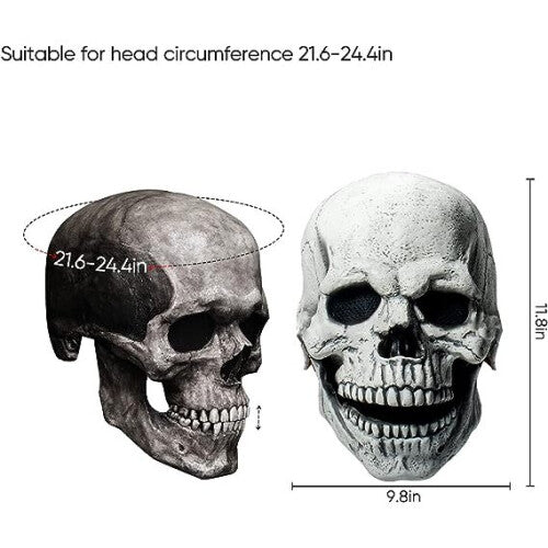 Close-up of a realistic full-head latex skull mask featuring an articulated movable jaw and intricate bone texture against a dark background.