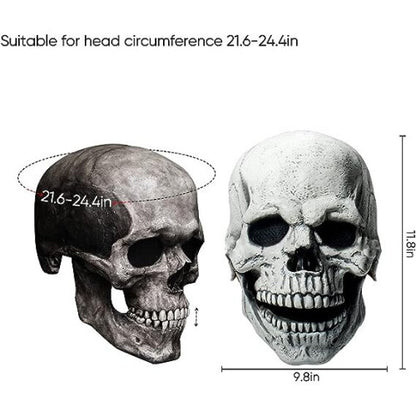 Close-up of a realistic full-head latex skull mask featuring an articulated movable jaw and intricate bone texture against a dark background.