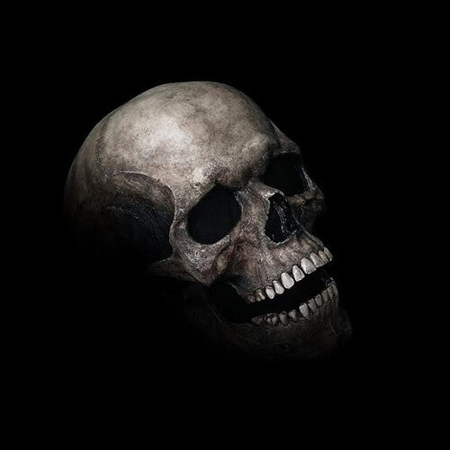Close-up of a realistic full-head latex skull mask featuring an articulated movable jaw and intricate bone texture against a dark background.