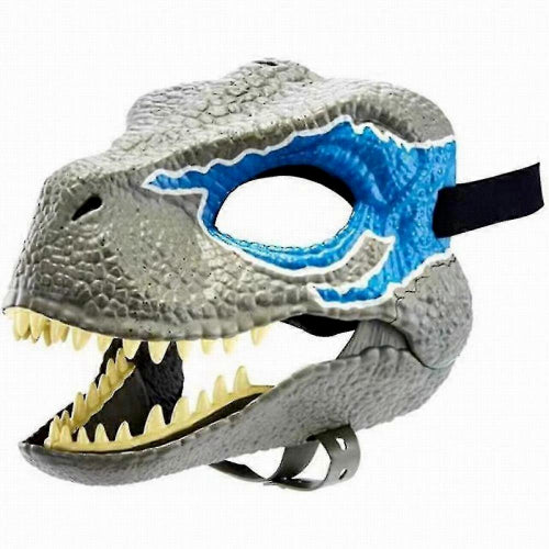 Front angle view of a black latex dinosaur mask with a detailed textured hide and an articulated moving jaw mechanism against a plain background.