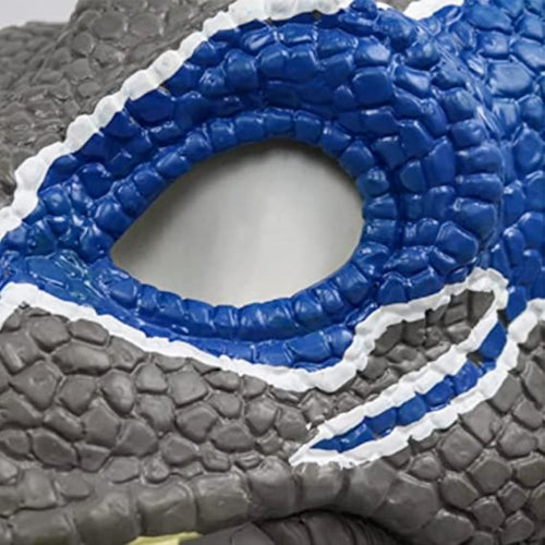 Front angle view of a black latex dinosaur mask with a detailed textured hide and an articulated moving jaw mechanism against a plain background.