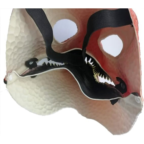 Front angle view of a black latex dinosaur mask with a detailed textured hide and an articulated moving jaw mechanism against a plain background.