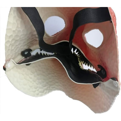 Front angle view of a black latex dinosaur mask with a detailed textured hide and an articulated moving jaw mechanism against a plain background.