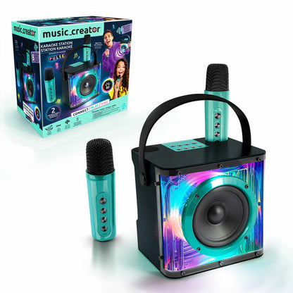 Front view of the vibrant Music Creator Pulse Karaoke Station speaker with pulsing colorful LED lights and two sleek wireless microphones standing alongside.