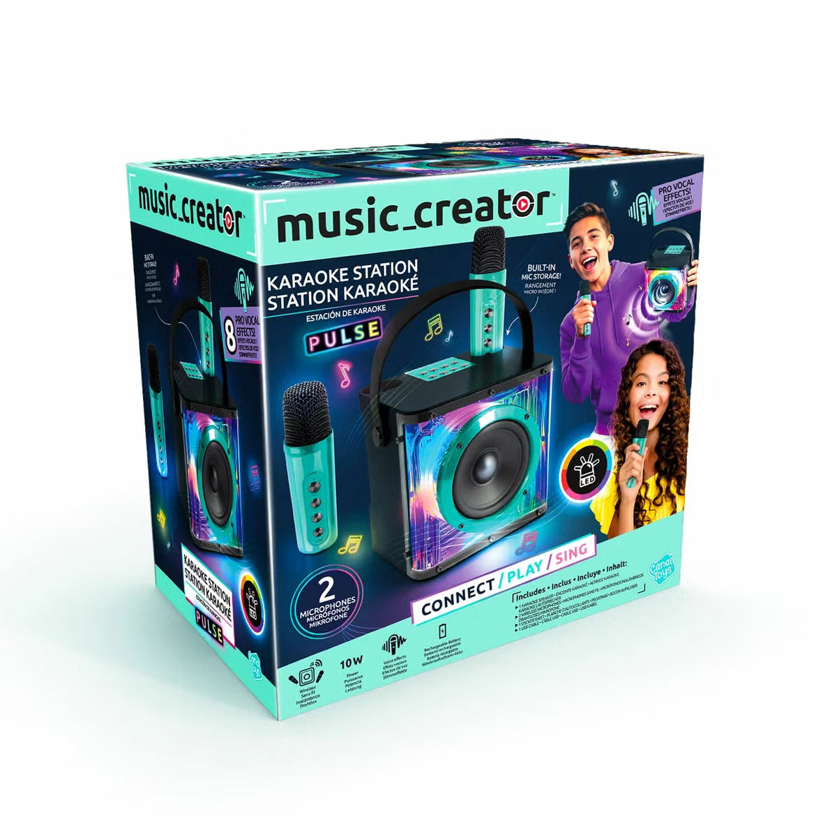 Front view of the vibrant Music Creator Pulse Karaoke Station speaker with pulsing colorful LED lights and two sleek wireless microphones standing alongside.