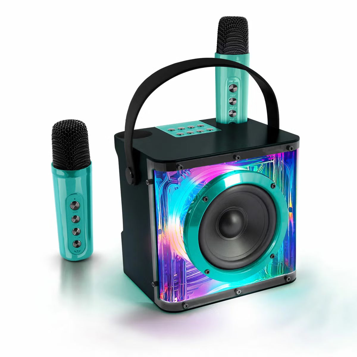 Front view of the vibrant Music Creator Pulse Karaoke Station speaker with pulsing colorful LED lights and two sleek wireless microphones standing alongside.