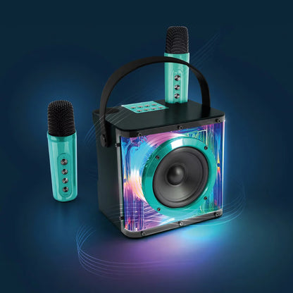 Front view of the vibrant Music Creator Pulse Karaoke Station speaker with pulsing colorful LED lights and two sleek wireless microphones standing alongside.