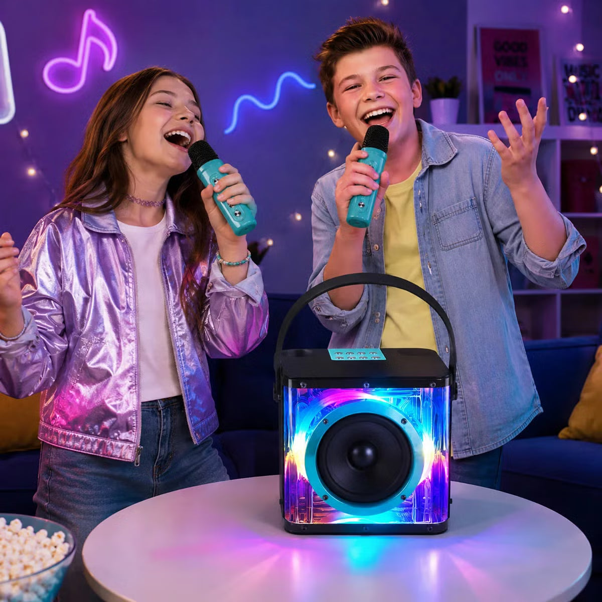 Front view of the vibrant Music Creator Pulse Karaoke Station speaker with pulsing colorful LED lights and two sleek wireless microphones standing alongside.