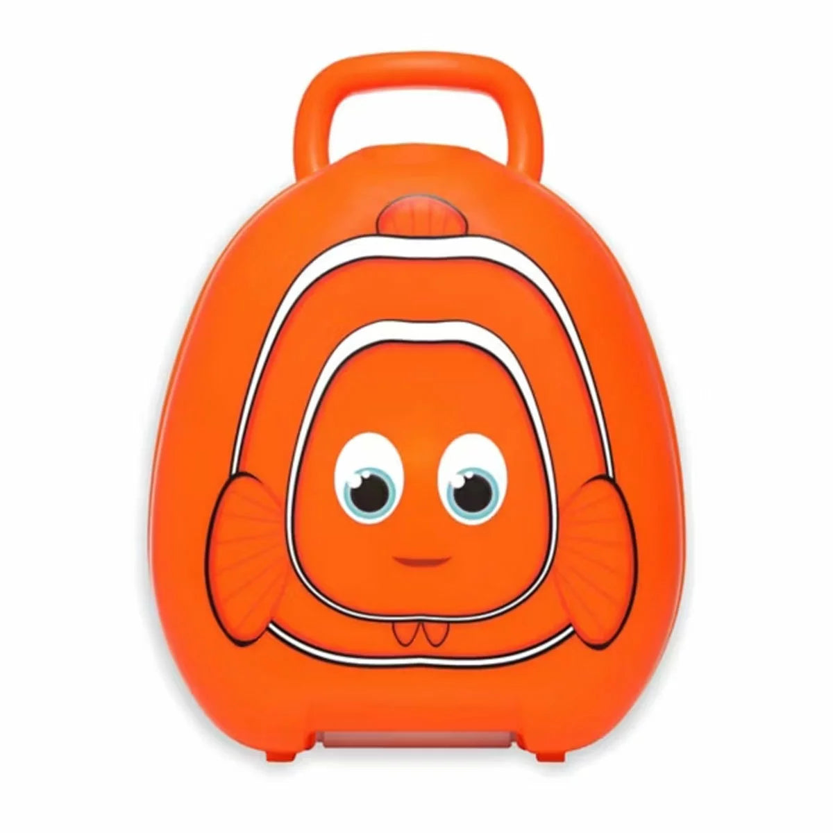 A bright orange and white striped Clownfish themed travel potty with a secure black latch and a molded carrying handle, shown sealed shut on a clean hardwood floor.