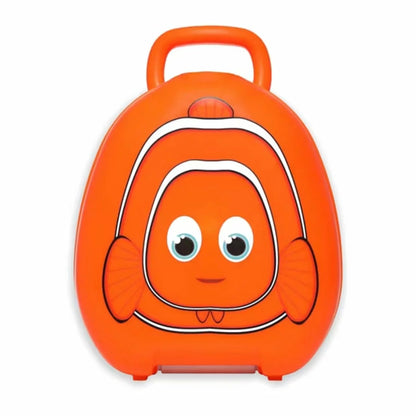 A bright orange and white striped Clownfish themed travel potty with a secure black latch and a molded carrying handle, shown sealed shut on a clean hardwood floor.