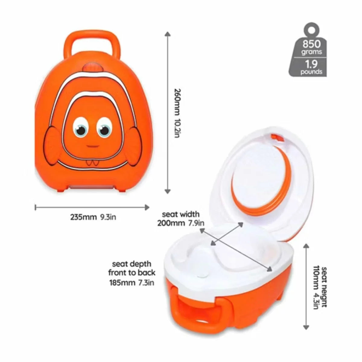 A bright orange and white striped Clownfish themed travel potty with a secure black latch and a molded carrying handle, shown sealed shut on a clean hardwood floor.