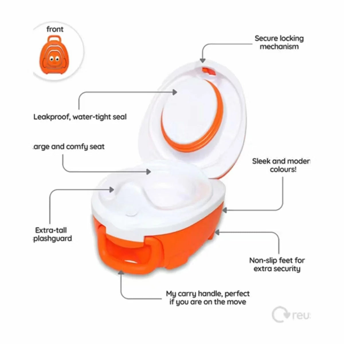 A bright orange and white striped Clownfish themed travel potty with a secure black latch and a molded carrying handle, shown sealed shut on a clean hardwood floor.