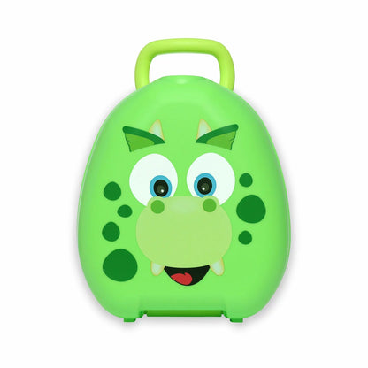 A closed, green dinosaur-shaped toddler travel potty featuring a yellow clip latch, a built-in carry handle, and small plastic legs, sitting upright on a clean tiled floor.