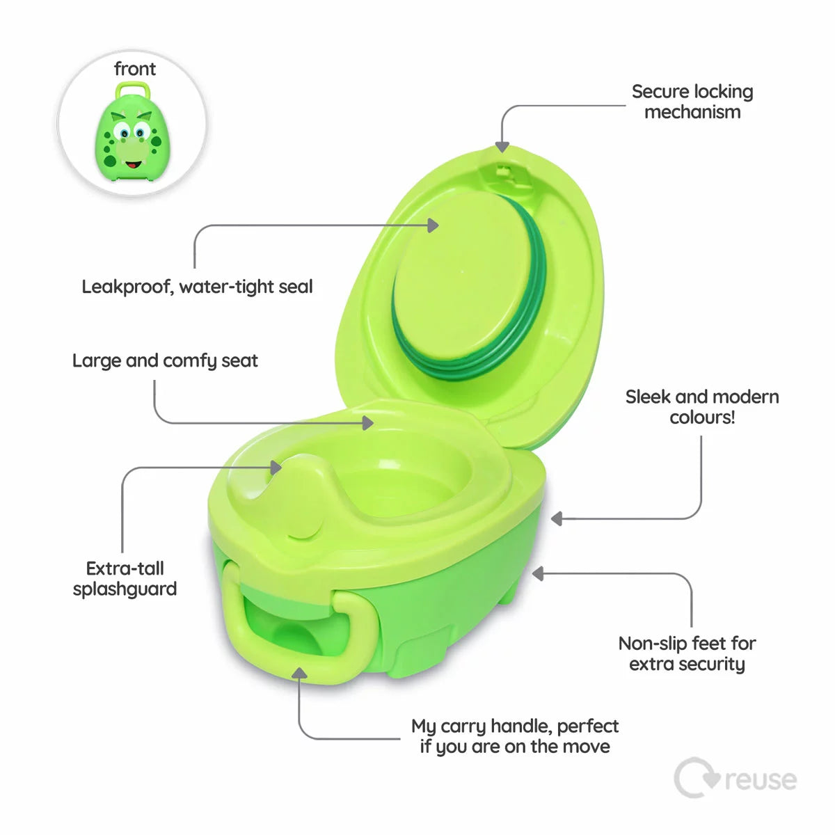 A closed, green dinosaur-shaped toddler travel potty featuring a yellow clip latch, a built-in carry handle, and small plastic legs, sitting upright on a clean tiled floor.