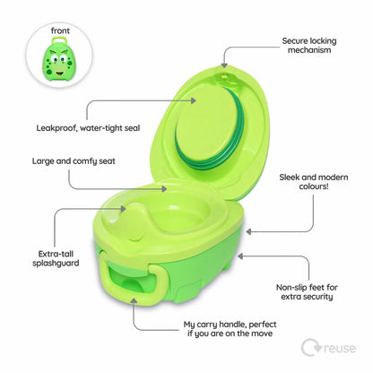 A closed, green dinosaur-shaped toddler travel potty featuring a yellow clip latch, a built-in carry handle, and small plastic legs, sitting upright on a clean tiled floor.