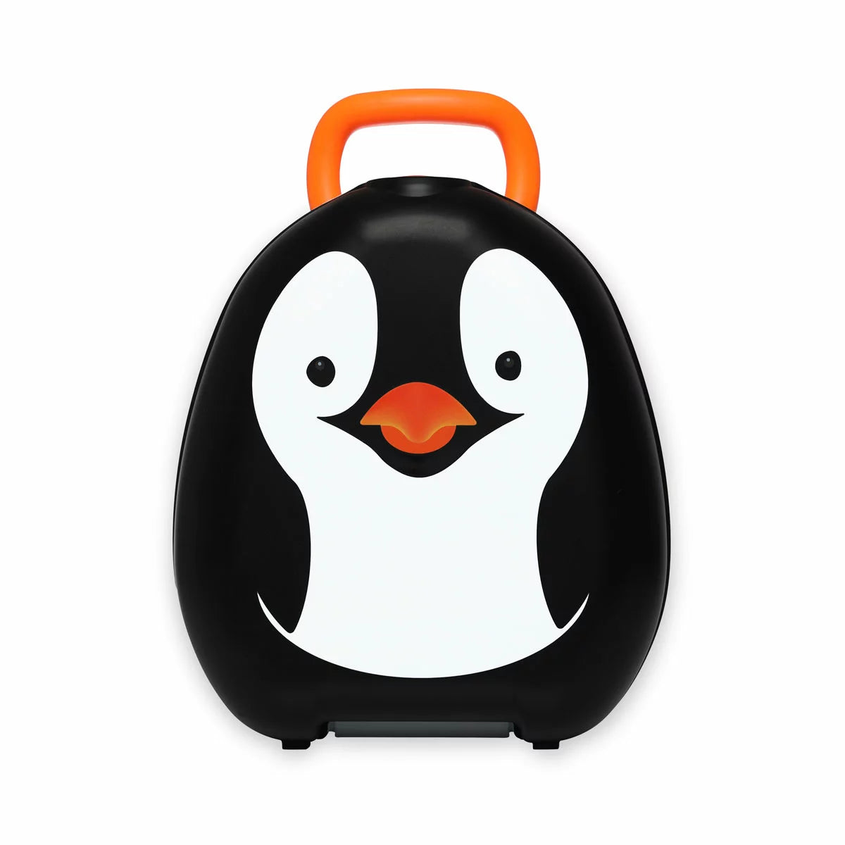 lt Text: A side-profile view of the My Carry Potty Penguin featuring a bright, playful character design with a secure, integrated carry handle in a clean, brightly lit setting.