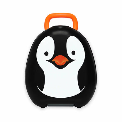 lt Text: A side-profile view of the My Carry Potty Penguin featuring a bright, playful character design with a secure, integrated carry handle in a clean, brightly lit setting.