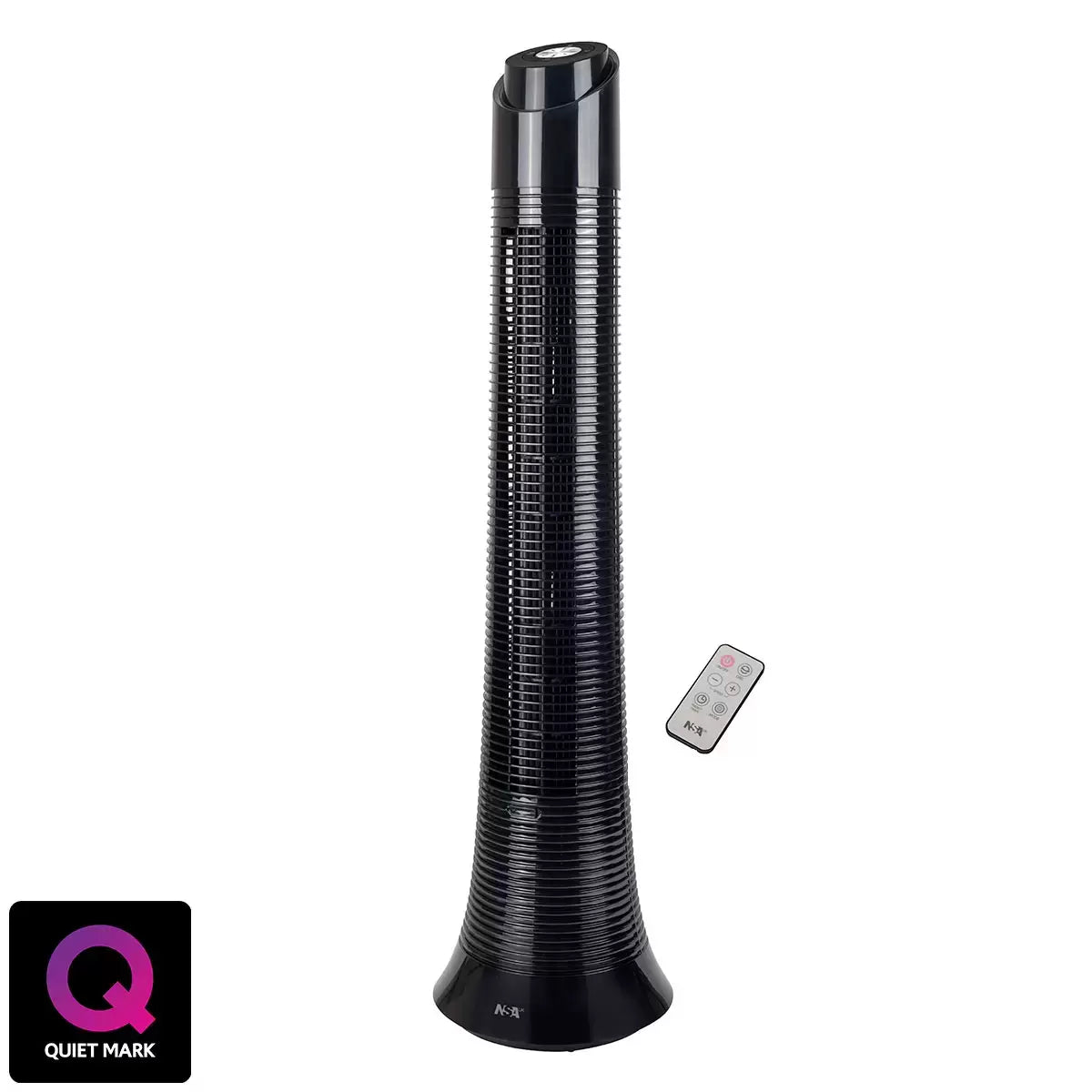 NSA black column tower fan with a modern design and control panel, shown with its remote control.
