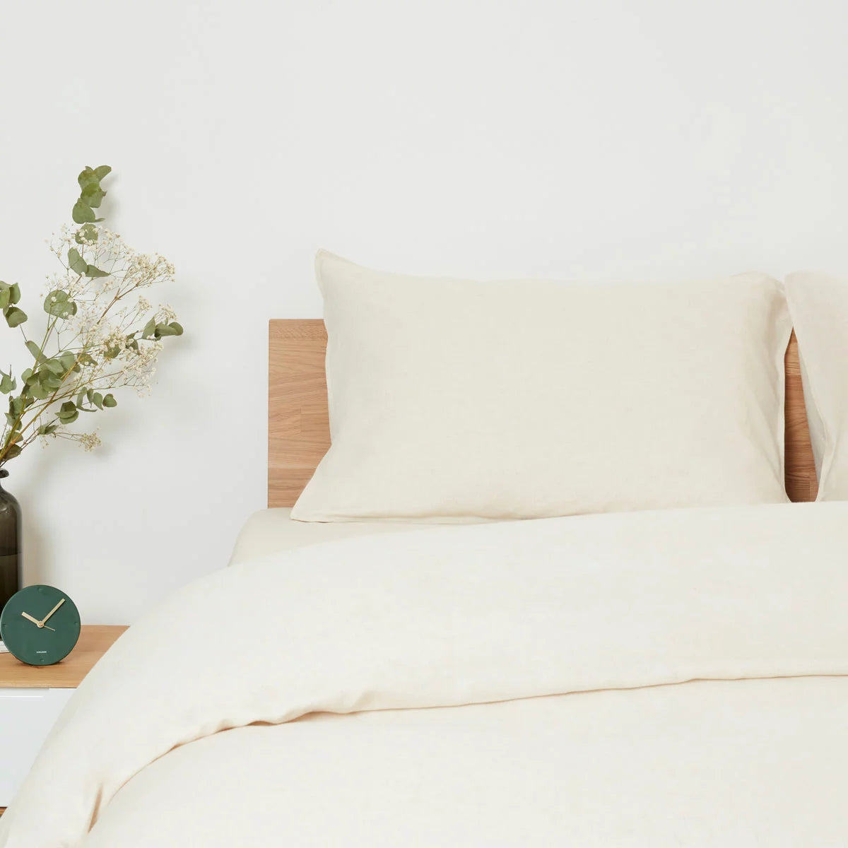 Panda Natural Bamboo and French Linen Duvet Cover Set on a bed showing crisp matte texture, Oxford pillowcase edges, and raw bamboo buttons.
