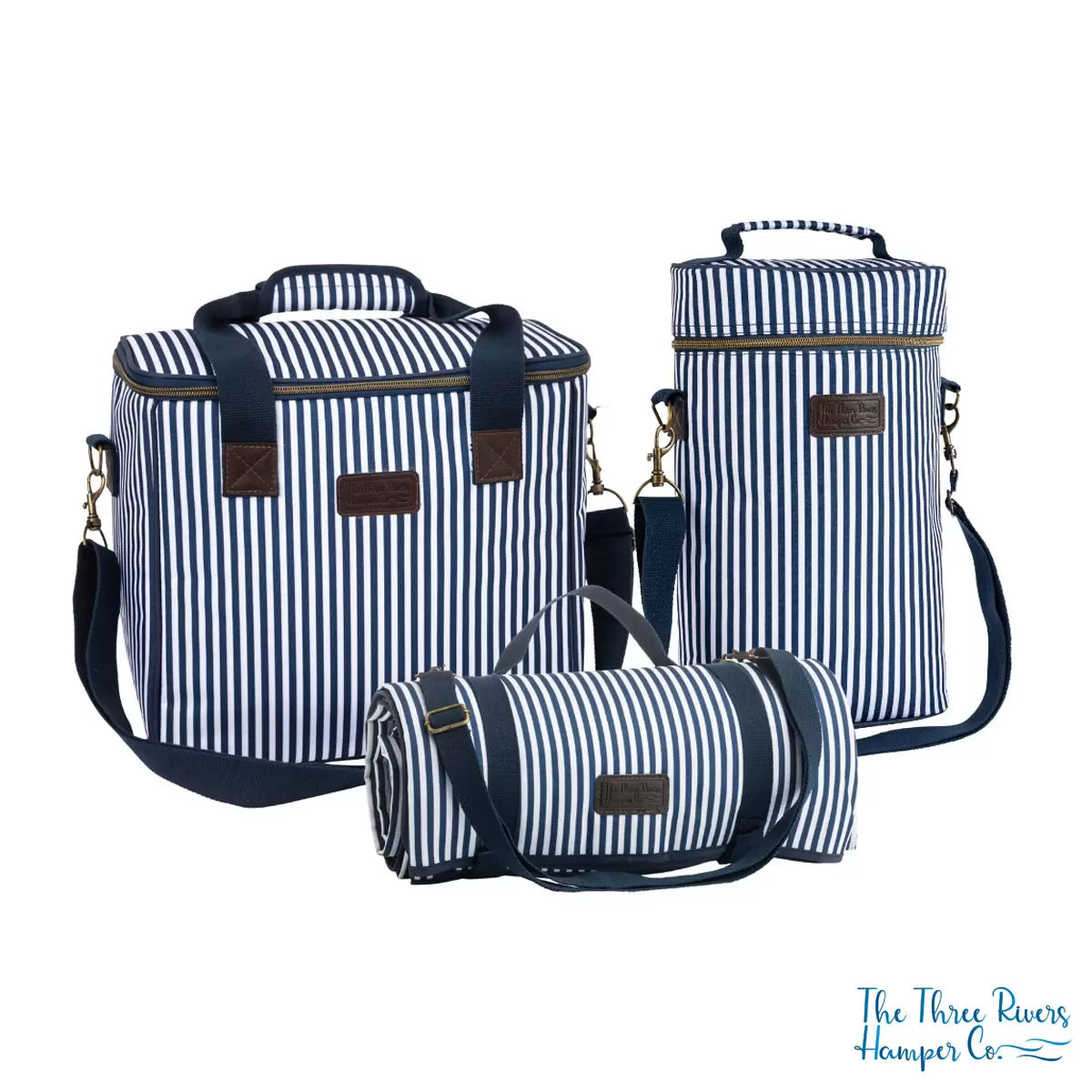 A coordinated Navigate picnic bundle featuring a large family cool bag, a 2-bottle wine carrier, and a matching rolled picnic blanket.
