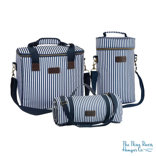 A coordinated Navigate picnic bundle featuring a large family cool bag, a 2-bottle wine carrier, and a matching rolled picnic blanket.