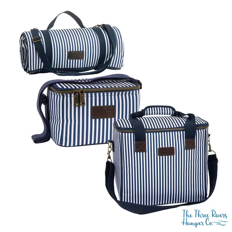 Navigate Three Rivers picnic bundle featuring a navy striped family cool bag, personal bag, and matching rolled picnic blanket.