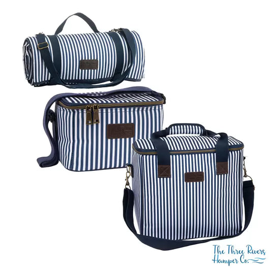 Navigate Three Rivers picnic bundle featuring a navy striped family cool bag, personal bag, and matching rolled picnic blanket.