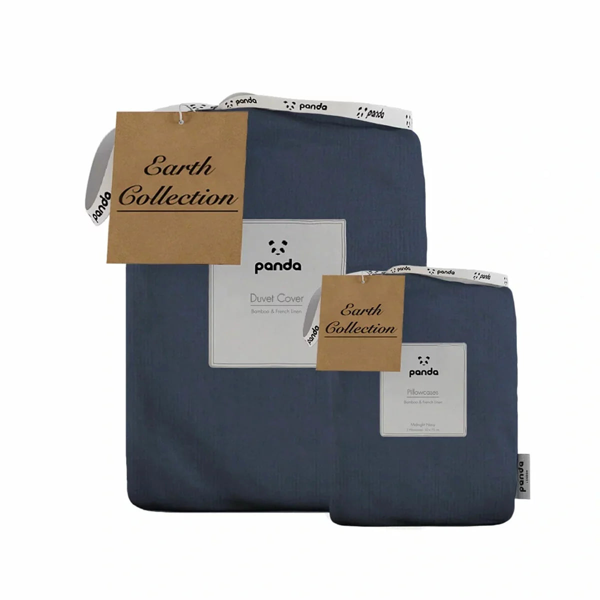 Panda Navy Bamboo and French Linen Duvet Cover Set on a bed featuring crisp matte texture, Oxford pillowcase edges, and raw bamboo buttons.