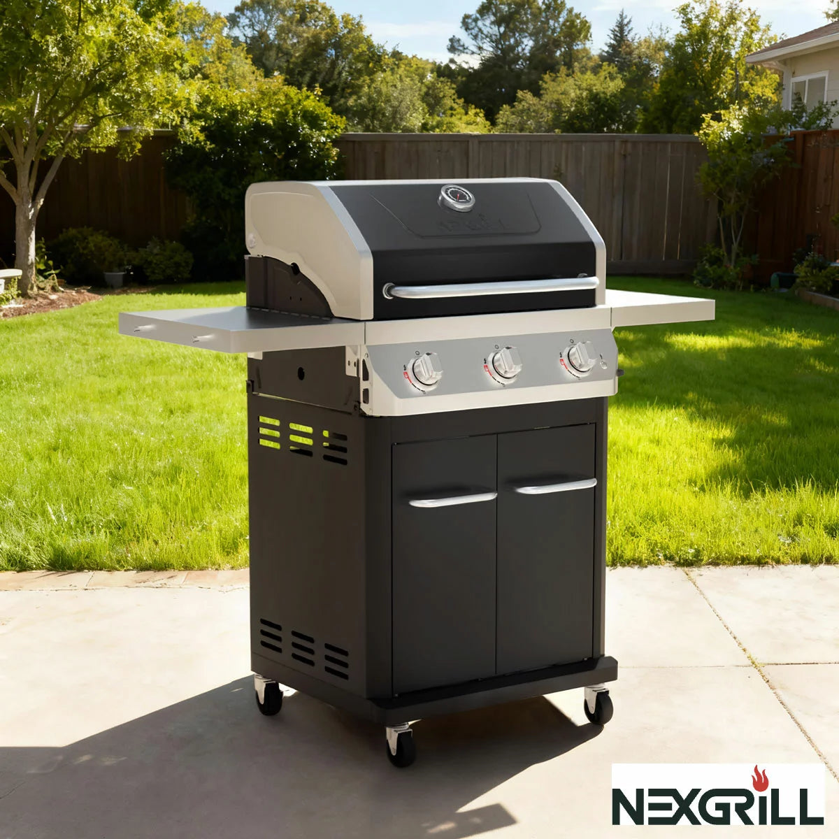Nexgrill 3 Burner Gas Barbecue Grill positioned on a small patio, with its protective cover stored neatly to the side.