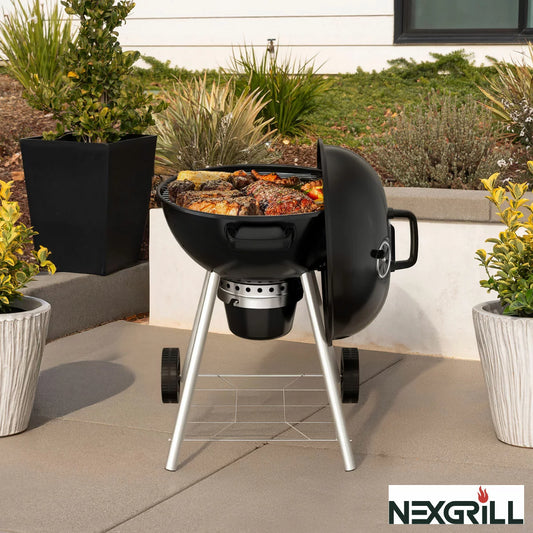 Black Nexgrill 22.5 inch Charcoal Kettle Barbecue with stainless steel legs and a black protective weather cover