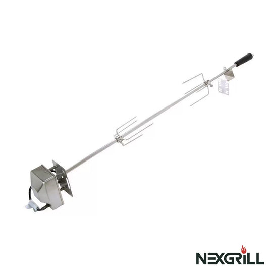 Motorized Nexgrill Stainless Steel Rotisserie Kit with a whole chicken rotating over a gas grill flame.