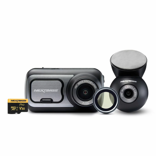 Sleek black Nextbase 422GW dash cam mounted on a windscreen showing its 2.5-inch touch screen panel, pictured alongside the compact rear window module and a circular polarising filter.