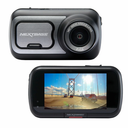 Sleek black Nextbase 422GW dash cam mounted on a windscreen showing its 2.5-inch touch screen panel, pictured alongside the compact rear window module and a circular polarising filter.