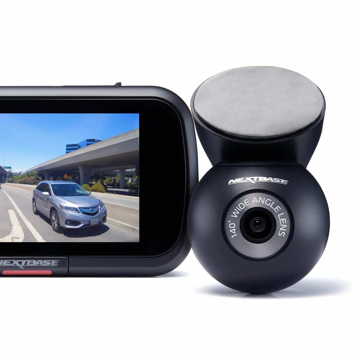 Sleek black Nextbase 422GW dash cam mounted on a windscreen showing its 2.5-inch touch screen panel, pictured alongside the compact rear window module and a circular polarising filter.