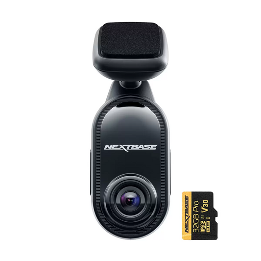 Side profile of the ultra-compact matte black Nextbase Piqo dash cam attached to a car windscreen via its low-profile ClickMount bracket system.