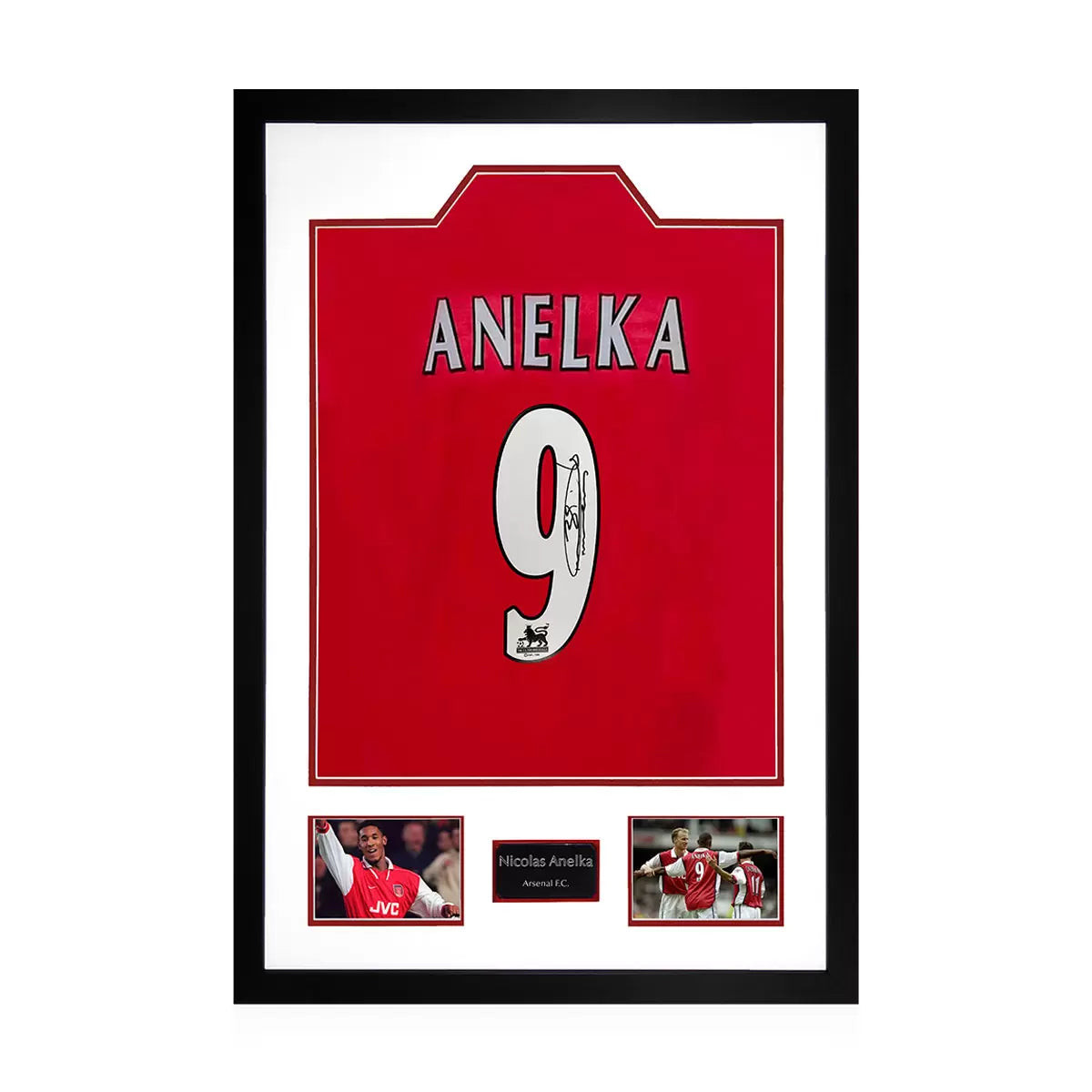 A professionally framed official Arsenal home football shirt signed by Nicolas Anelka, displayed alongside two action photos and an etched plaque in a wooden frame.