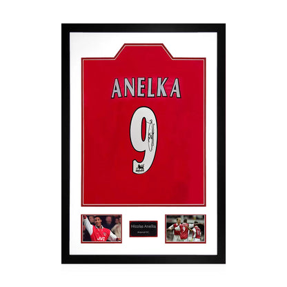A professionally framed official Arsenal home football shirt signed by Nicolas Anelka, displayed alongside two action photos and an etched plaque in a wooden frame.