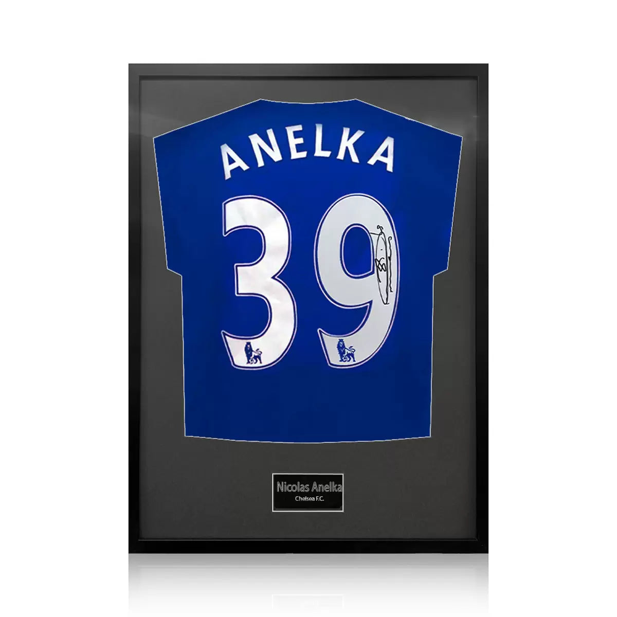 A professionally framed official Chelsea football shirt signed by Nicolas Anelka, displayed with a crisp white mount inside a sleek, high-quality wooden frame.