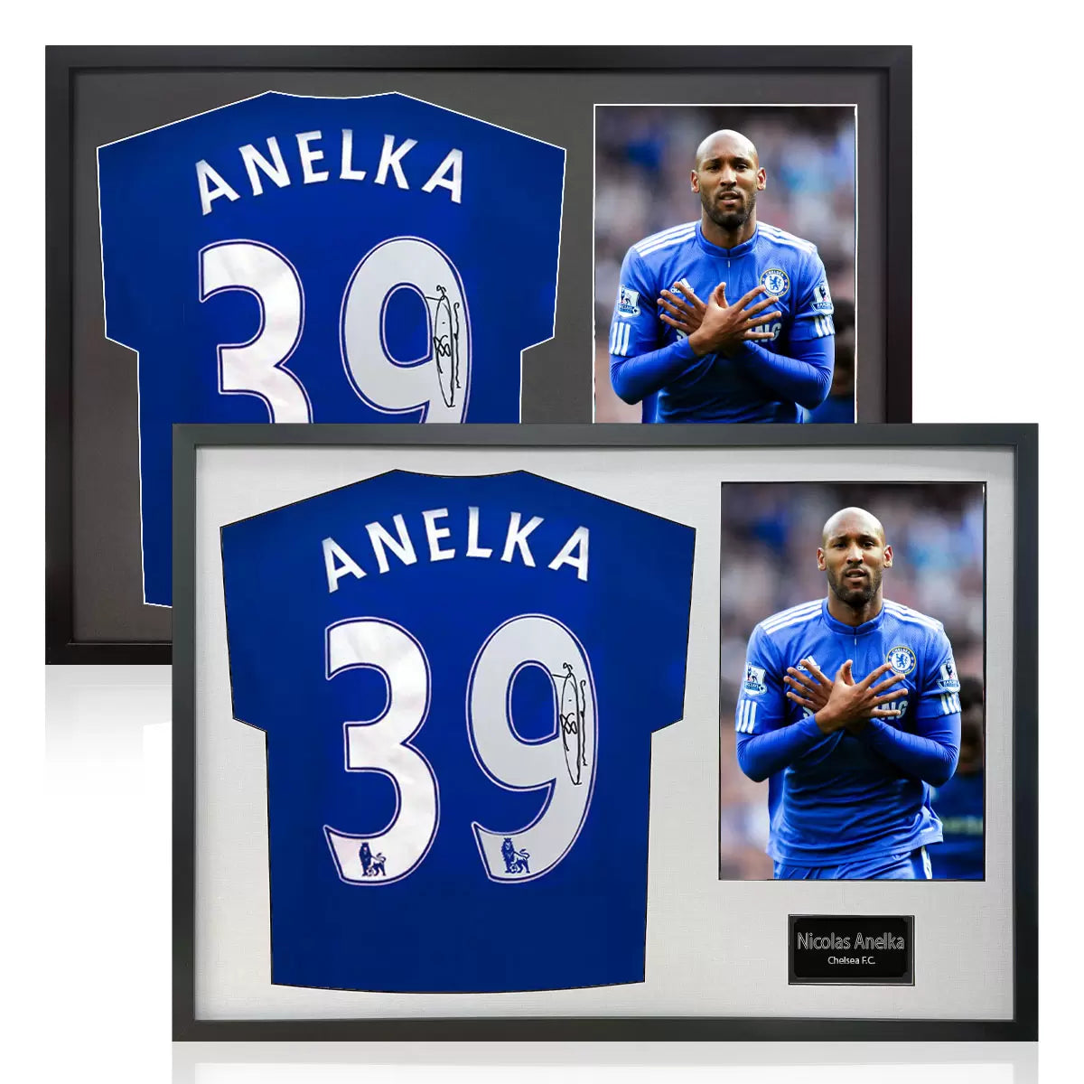A professionally framed official Chelsea football shirt signed by Nicolas Anelka, displayed alongside a match-action photo in a high-quality wooden frame with a black mount.