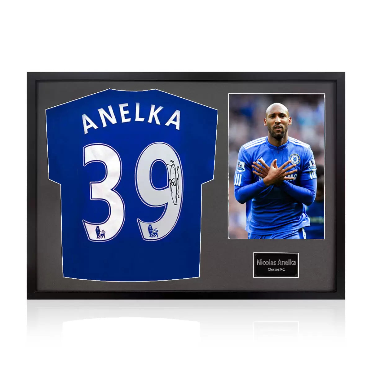 A professionally framed official Chelsea football shirt signed by Nicolas Anelka, displayed alongside a match-action photo in a high-quality wooden frame with a black mount.